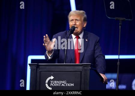 DETROIT, MICHIGAN, USA - 15 June 2024 - Former president of the United States, Donald Trump speaking with attendees at The People's Convention at Hunt Stock Photo