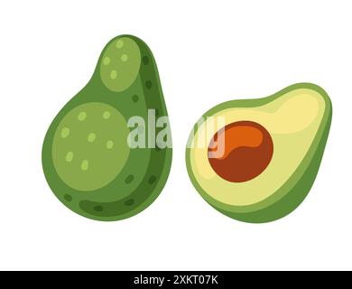 Fresh avocado, whole and halved, creamy green flesh and large brown seed. Ideal for health blogs, guacamole recipes, and nutritional content. Tropical Stock Vector