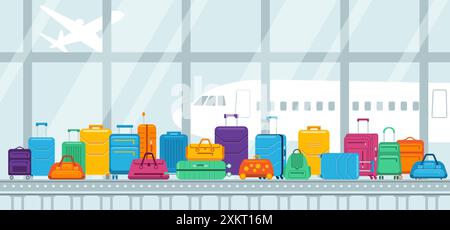 Airport conveyor belt with passenger luggage bag in flat style. Terminal hall illustration for travel, holiday, flight concept Stock Vector