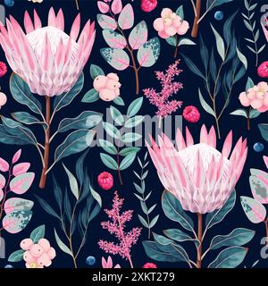 Vector seamless pattern with protea and greenery Stock Vector