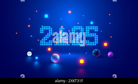 2025 digits, Christmas tree consist glowing pixels in technology style on blue background. New Year card or digital tech calendar poster. Logo of 2025 Stock Vector