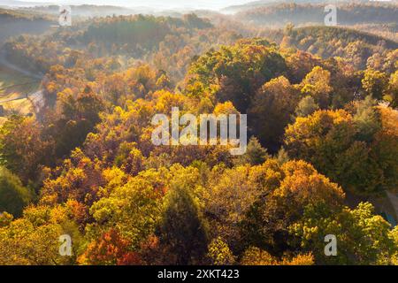 Wooded sunset hills of Appalachian mountains in North Carolina with lush and evergreen forest trees at fall season. Beauty of autumnal nature Stock Photo