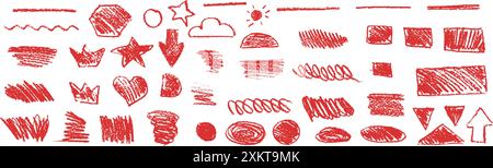 Red underline pencil hand drawn various ellipses, crowns, doodle cloud and sun, arrows, star, triangles and heart. Vector grunge charcoal pencil curly Stock Vector