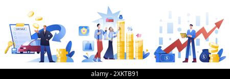 Financial literacy concept. Business investment, income growth, personal finance management or control of capital. Analyzing, planning budget, calculate profit. People saving money, managing expenses. Stock Vector