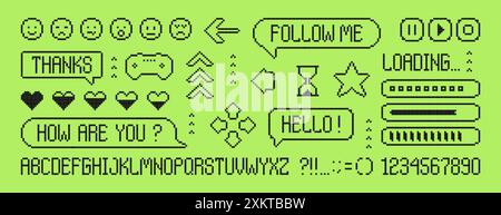 Set of pixel dialogue boxes, font alphabet, letters and numbers. Black chat speech bubbles, button, message frames, battery charge level in 8bit retro style. Pixelated arrows, smiles, game asset icons Stock Vector