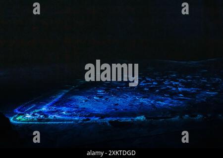 Damp cave with neon blue lighting at night, strange sandy mountain dungeon loking cosmic abstract desert light and water shining on dark surface Stock Photo