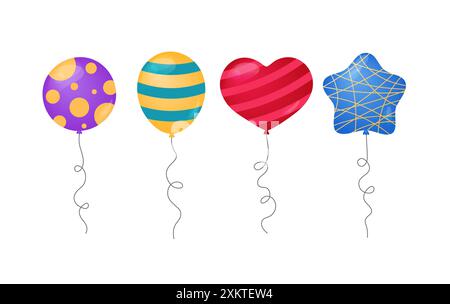 Balloons different shapes isolated vector illustrations. Various festive inflatable balloons decorated flat elements for Birthday, parties, events and Stock Vector
