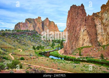 Smith Rock Cliffs and River from Elevated View Stock Photo