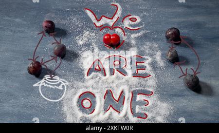 "We are one" written in sugar on a grey background. Plums, a Mirabelle, a hand drawn marmalade glass. Stock Photo