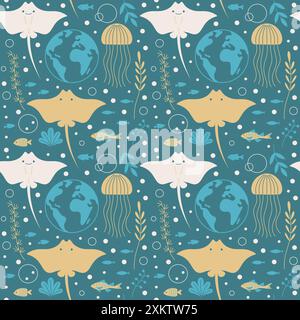 Stingrays, jellyfish, fish, and planet Earth. Seamless vector illustration. Stock Vector