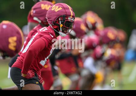 Ashburn, VA, USA. 24th July, 2024. Washington Commanders cornerback Noah Igbinoghene (19) warms up during the Washington Commanders training camp practice at the OrthoVirginia Training Center at Commanders Park in Ashburn, Va. Reggie Hildred/CSM/Alamy Live News Stock Photo