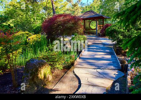 Wooden Gazebo and Stone Path in Lush Japanese Garden - Daytime Perspective Stock Photo