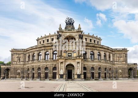 Facade of the Semperoper, the opera house of Dresden, Saxon State Opera, and the concert hall of the Staatskapelle, Saxon State Orchestra  and the hom Stock Photo