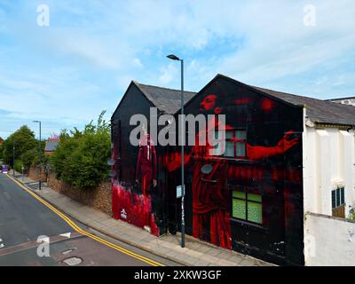 Aerial view of the Mo Salah mural by John Culshaw on Anfield Rd L4 close to the Liverpool Football Club Stadium. Stock Photo