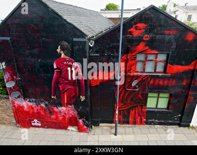 Aerial view of the Mo Salah mural by John Culshaw on Anfield Rd L4 close to the Liverpool Football Club Stadium. Stock Photo