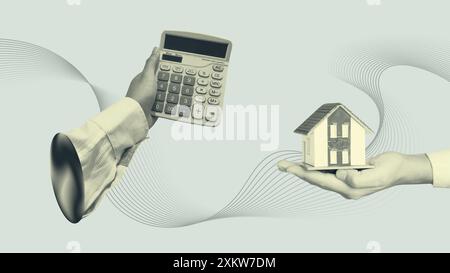 Calculating real estate investment concept. Hand holding calculator and miniature house vintage collage art. Stock Vector