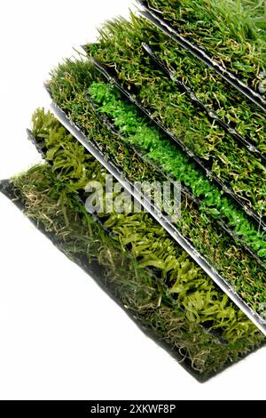 Close up of the artificial grass turf samples isolated on white Stock Photo
