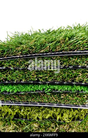 Close up of the artificial grass turf samples isolated on white Stock Photo