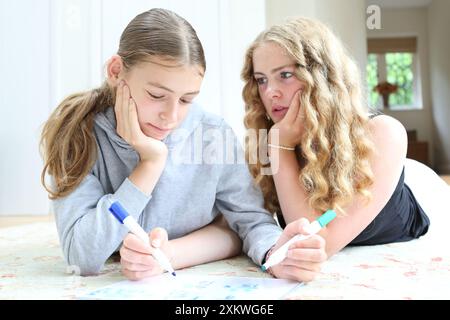 Two girls lying on floor writing on whiteboard with pens sisters education students homework home schooling homeschooled revising revise revision Stock Photo