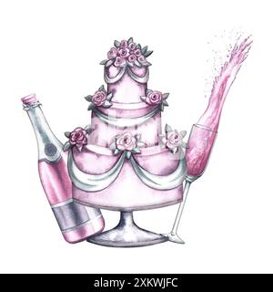 A festive pink cake with champagne and a wine glass. Handmade watercolor illustration. Isolate. Wedding, birthday or anniversary. For invitation and g Stock Photo