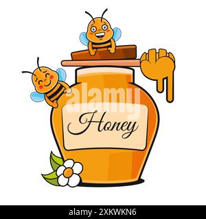 Jar of honey with honey dipper flat illustration isolated on white background Stock Vector