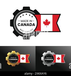 Made in Canada with gear and flag design. For banner, stamp, sticker, icon, logo, symbol, label, badge, seal, sign. Vector Illustration Stock Vector