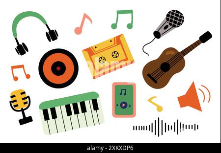 Eclectic mix of colorful musical elements in flat design illustration Stock Vector
