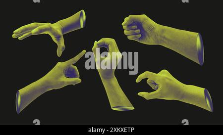 Retro hand gestures pop art collage set isolated on black background. Pointing fingers pinching, grabbing object sign. Artistic vector design element Stock Vector