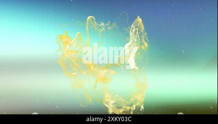 Image of glowing yellow mesh moving over dark background. Colour, shape, light and movement concept digitally generated image. Stock Photo