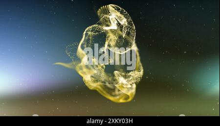 Image of glowing yellow mesh moving over dark background. Colour, shape, light and movement concept digitally generated image. Stock Photo