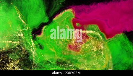 Image of glowing yellow mesh moving over waving green and pink background. Colour, shape, light and movement concept digitally generated image. Stock Photo