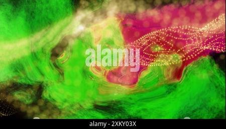Image of glowing yellow mesh moving over waving green and pink background. Colour, shape, light and movement concept digitally generated image. Stock Photo