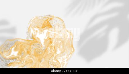 Image of glowing yellow mesh moving over leaves on white background. Colour, shape, light and movement concept digitally generated image. Stock Photo