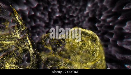 Image of glowing yellow mesh moving over dark background. Colour, shape, light and movement concept digitally generated image. Stock Photo
