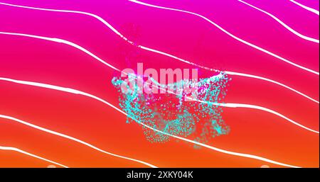 Image of glowing yellow mesh moving over waving pink to red background Stock Photo