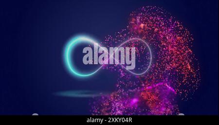 Image of glowing pink mesh moving over infinity sign on blue background. Colour, shape, light and movement concept digitally generated image. Stock Photo