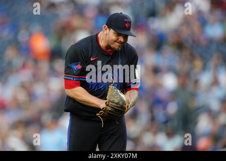 Toronto, Canada. 24th July, 2024. Toronto Blue Jays pitcher Yariel Rodriguez (29) reacts during fourth inning American League MLB baseball action against the Tampa Bay Rays in Toronto on Wednesday, July 24, 2024. Credit: The Canadian Press/17�Թ����� Live News Stock Photo
