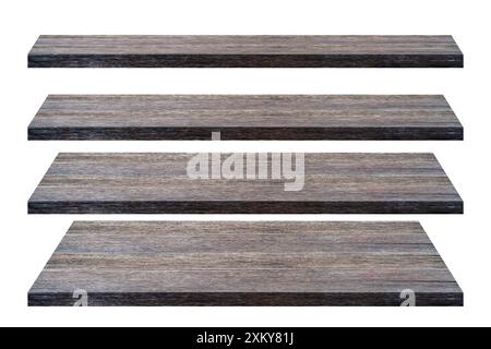 Wooden shelves isolated on white. Rustic rough wooden plank with nature color, cracks and woodgrain. Old knotted long board of weathered wood Stock Photo