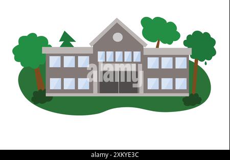 Modern gray building illustration with large windows surrounded by lush green trees and landscape Stock Vector