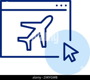 Airplane, web page and mouse click. Online ticket purchase, flight information access. Pixel perfect, editable stroke icon Stock Vector