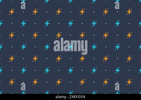 Seamless pattern of geometric stars in blue and orange colors on dark background Stock Vector