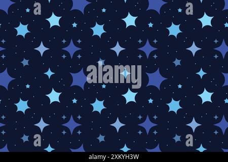 Seamless pattern of bright blue stars on dark background Stock Vector