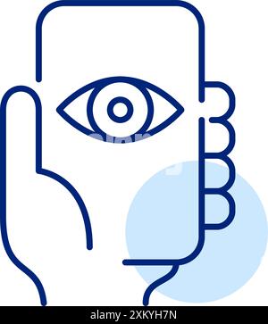 Hand holding smartphone with eye symbol on it. Mobile privacy, device tracking and statistics. Pixel perfect, editable stroke icon Stock Vector