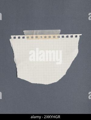 Torn graph paper with adhesive tape, scraps of paper on sticky tape, gray background. Stock Photo