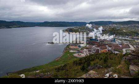 Aerial view from the Captain James Cook National Historic Site over the Bay of Islands in Corner Brook, with the Pulp and Paper Mill dominating the sc Stock Photo