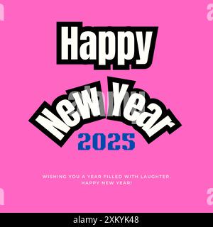 Happy 2025 New Year Vector Design. creative simple calligraphy vector design. curve text happy new year on simple flat pink background Stock Vector