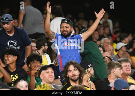 Columbus, Ohio, USA. 24th July, 2024. A Liga MX fan cheers his team on against the MLS All Stars in their match in Columbus, Ohio. Brent Clark/Cal Sport Media/Alamy Live News Stock Photo