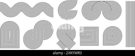 Black linear boho style waves and shapes set. Mid century curves and arch collection. Decorative line arc elements for graphic design template, poster, banner, cover. Vector wavy zigzag forms Stock Vector