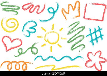 Crayon pencil color scribbles and lines. Chalk texture hand drawn strokes. Doodle vector marks. Kids squiggle sketch shapes heart flower and crown Stock Vector