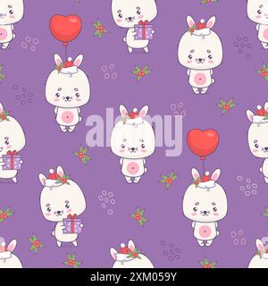 Christmas seamless pattern with cute rabbit in Santa hat with gift ang and balloon on purple background with holly. Festive Christmassy kawaii animal Stock Vector